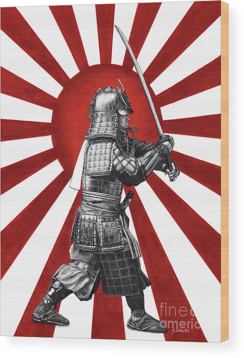 Warrior Wood Print featuring the drawing Rising Sun Warrior by Sheryl Unwin