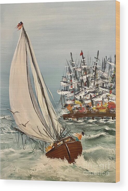 Miroslaw Chelchowski Acrylic Painting Print Sailing Boat Ocean Marina Boats Waves Seagull Sailors Wind Blue Sky Seascape Flag Colors Water Wood Print featuring the painting Sailing Boat by Miroslaw Chelchowski