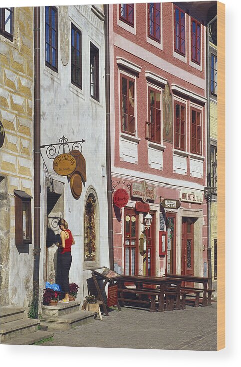 People Wood Print featuring the photograph Shop Fronts, Cesky Krumlov on Vltava River, Czech Republic by Dallas and John Heaton