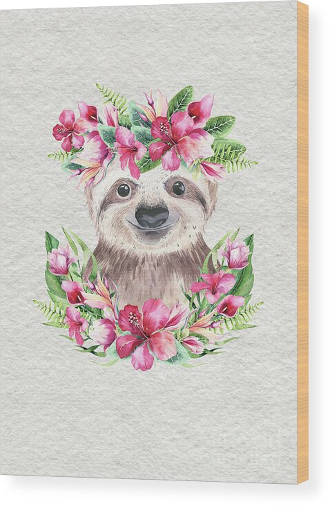 Sloth With Flowers Wood Print featuring the painting Sloth With Flowers by Nursery Art
