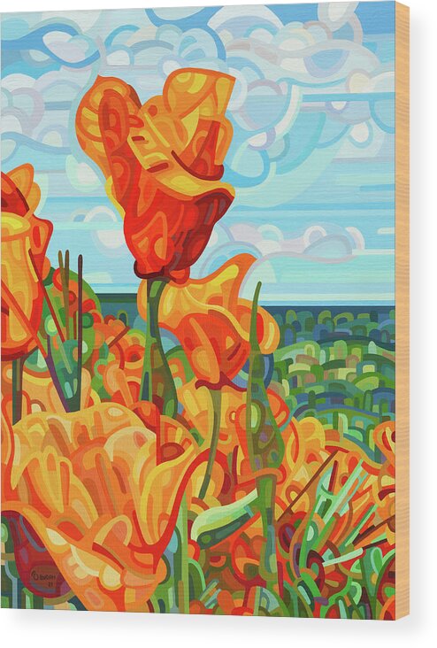 Red Orange Poppies Wood Print featuring the painting Standing Tall by Mandy Budan