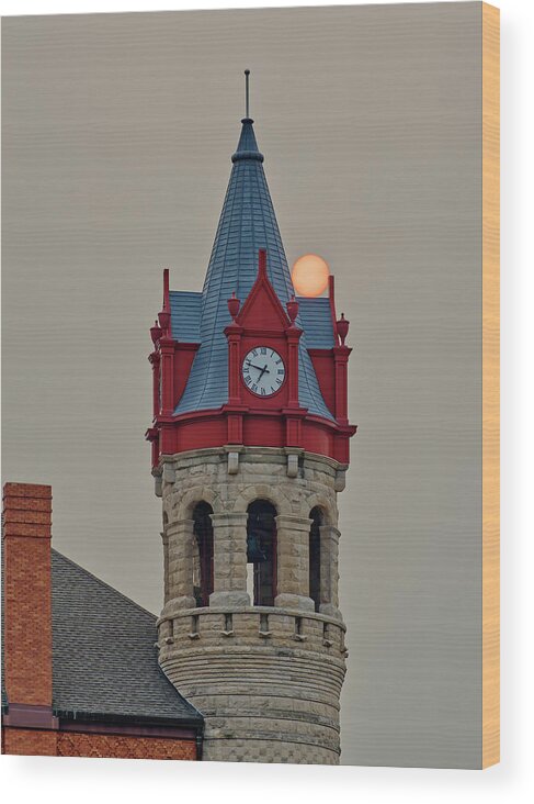Stoughton Wood Print featuring the photograph Stoughton Clocktower Sunrest - Stoughton City Hall clock tower with sunset by Peter Herman