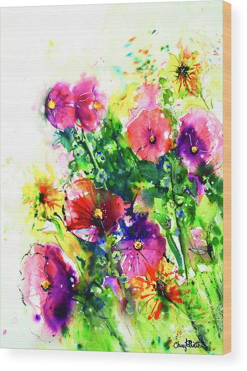 Hollyhocks Wood Print featuring the painting Summer With The Hollyhocks by Cheryl Prather
