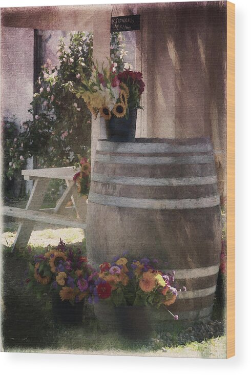 Rural Wood Print featuring the photograph The Flower Barrel by Cathy Kovarik