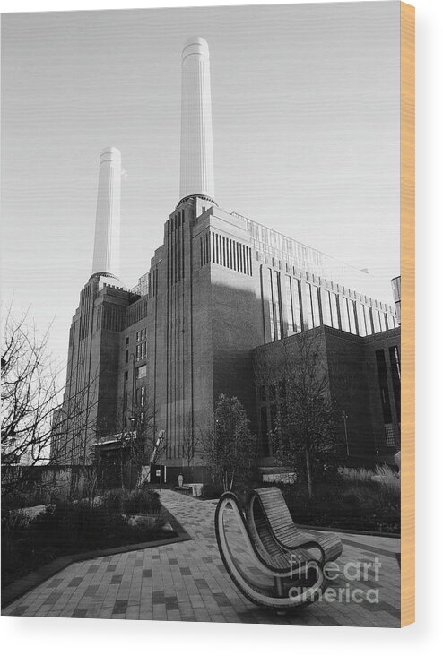 Icon Wood Print featuring the photograph The Iconic Battersea Power Station - black and white by Rebecca Harman