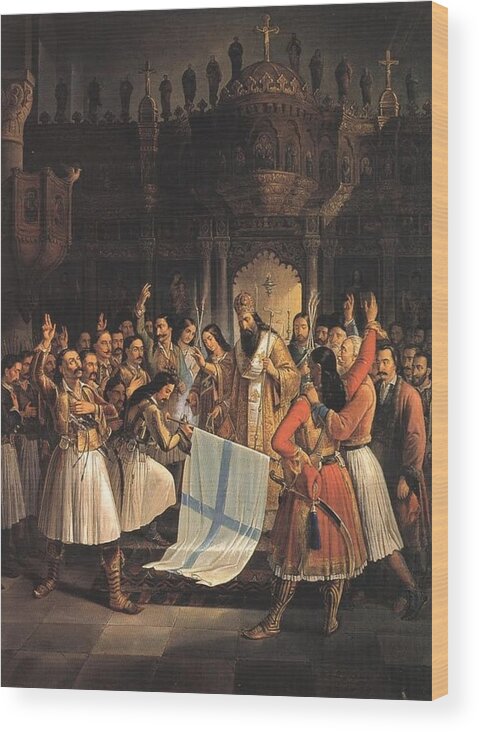 Wood Print featuring the painting Theodoros Vryzakis - The Oath-taking in the Church of Aghia Lavra by Les Classics