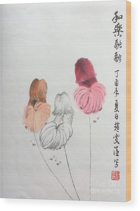 Pekes Wood Print featuring the painting Three Pekes in a Pod - 5 by Carmen Lam