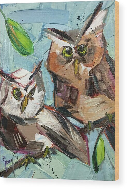 Owls Wood Print featuring the painting Two Screech Owls by Roxy Rich