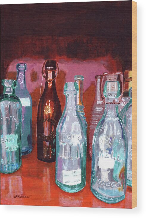 Glass Bottles Wood Print featuring the painting Vintage Bottles by Lynne Reichhart
