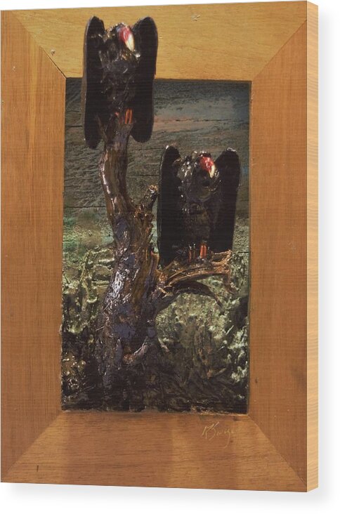 Perched Vultures Wood Print featuring the mixed media Vultures Projecting from Frame by Roger Swezey