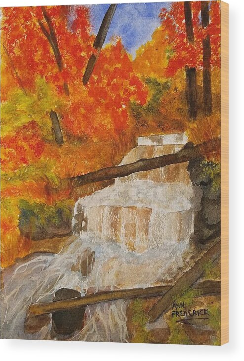 Wagner Falls Wood Print featuring the painting Wagner Falls II by Ann Frederick