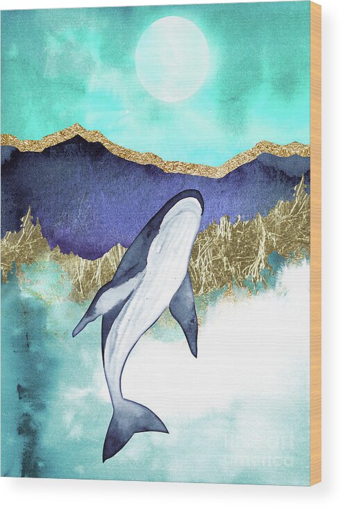 Blue Whale Wood Print featuring the painting Whale And Moon by Garden Of Delights