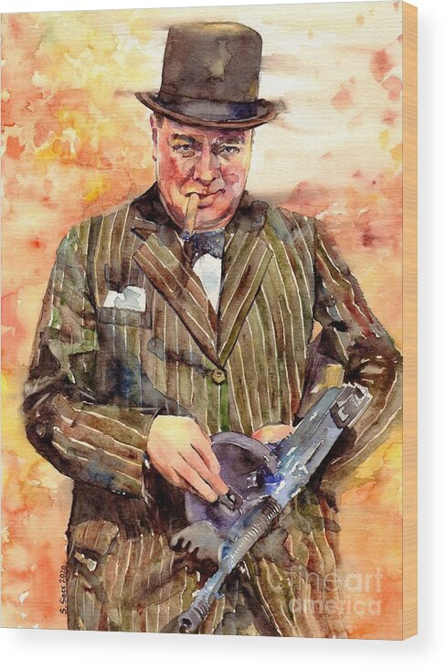 Winston Churchill Wood Print featuring the painting Winston Churchill With A Tommy Gun by Suzann Sines