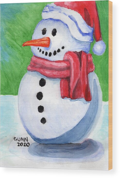 Winter Wood Print featuring the painting Winter Snowman by Katrina Gunn