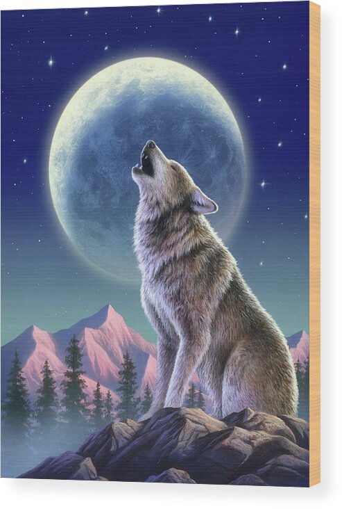 Wolf Wood Print featuring the mixed media Wolf Moon by Jerry LoFaro