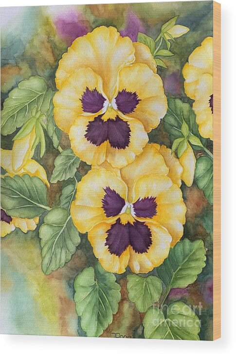 Pansy Wood Print featuring the painting Yellow pansies, colorful smile by Inese Poga