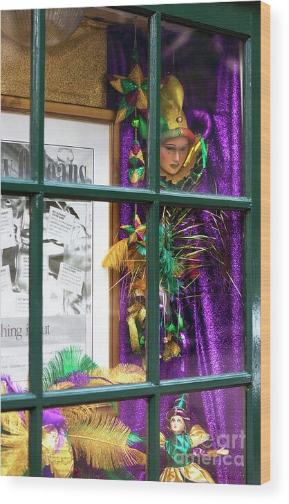 Mardi Gras Colors In The Window Wood Print featuring the photograph Mardi Gras Colors in the Window by John Rizzuto