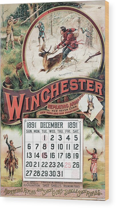 Outdoor Wood Print featuring the painting 1891 Winchester Repeating Arms And Ammunition Calendar by Fredrick Remington