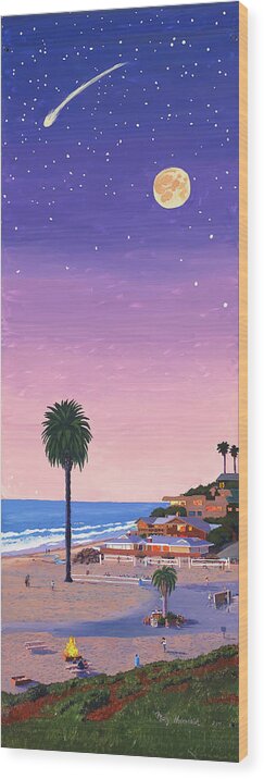 Beach Wood Print featuring the painting Moonlight Beach at Dusk by Mary Helmreich