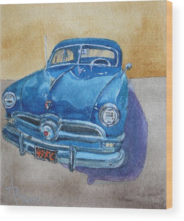 1949 Wood Print featuring the painting 1949 Blue Ford Coupe Greeting Card Study by Anna Ruzsan