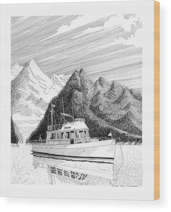42' Grand Banks Motor Yacht Wood Print featuring the drawing Grand Banks Desolation Sound by Jack Pumphrey