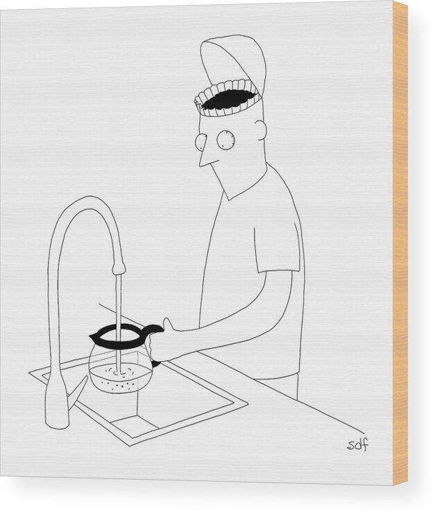 Coffee Wood Print featuring the drawing A Man Filling Up His Coffee Pot by Seth Fleishman
