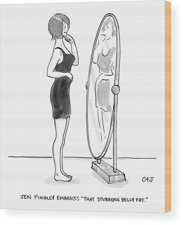 Mirror Wood Print featuring the drawing A Young Woman Stands Facing A Full-length Mirror by Carolita Johnson