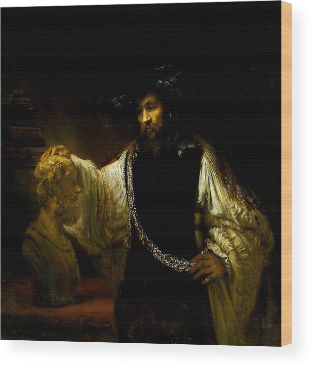 Aristotle Contemplating A Bust Of Homer Wood Print featuring the painting Aristotle Contemplating a Bust of Homer by Rembrandt van Rijn