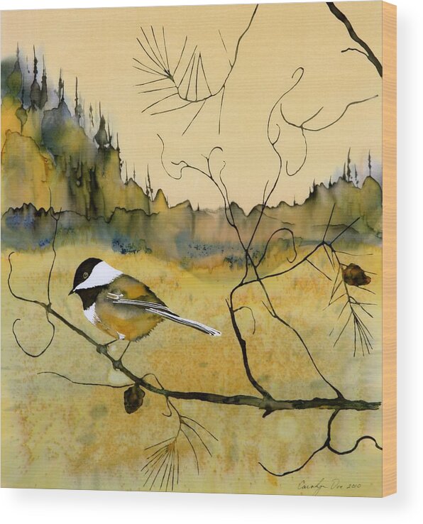 Chickadee Wood Print featuring the tapestry - textile Chickadee In Dancing Pine by Carolyn Doe