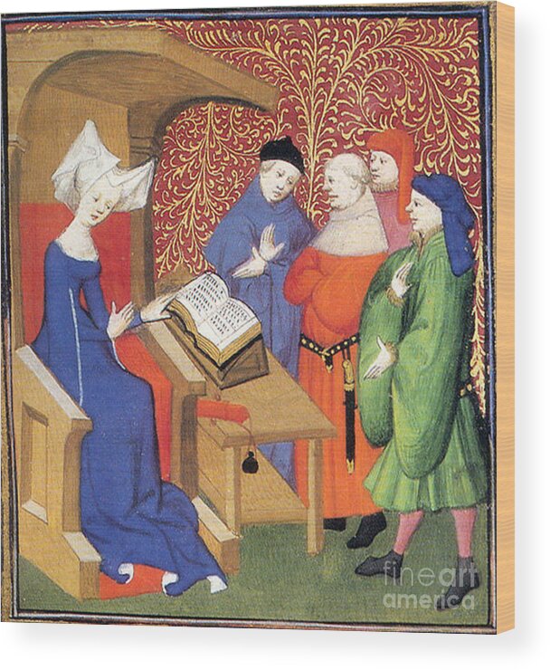 Historic Wood Print featuring the photograph Christine De Pizan Lecturing To Men by Photo Researchers