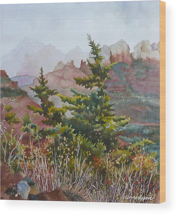Pine Tree Painting Wood Print featuring the painting Cliffs Near Sedona by Anne Gifford