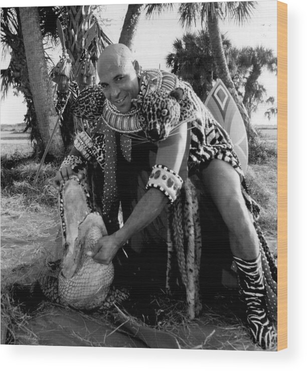 Retro Images Archive Wood Print featuring the photograph Decorative man with alligator by Retro Images Archive