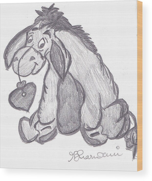 Donkey Wood Print featuring the drawing Eeyore with Heart by Melissa Vijay Bharwani