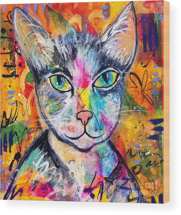 Kitty Wood Print featuring the painting Graffiti Kitty by Kim Heil