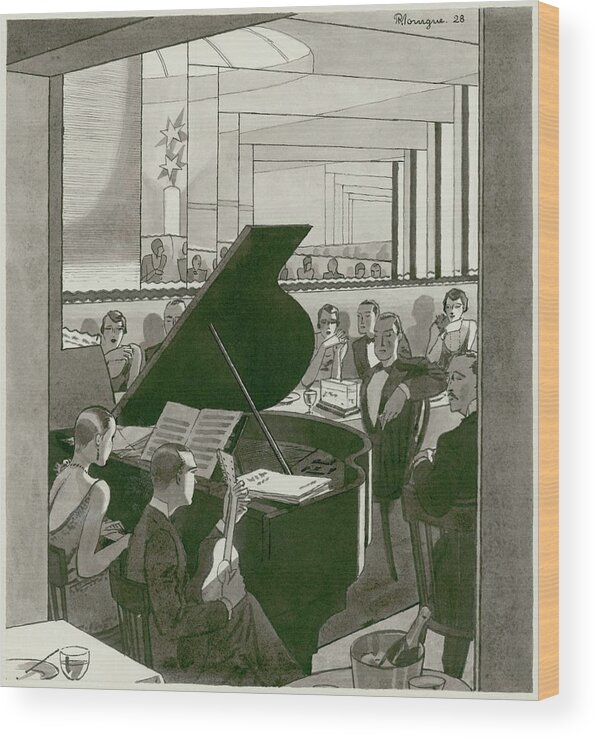 Illustration Wood Print featuring the digital art Musicians Entertain Patrons by Pierre Mourgue