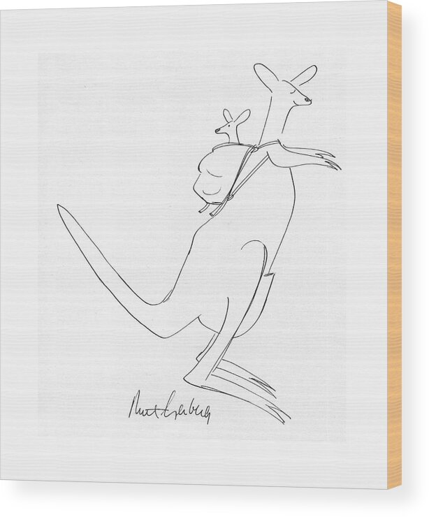 77301 Mge Mort Gerberg (kangaroo Carries A Joey In A Knapsack.) Animal Animals Baby Backpack Bag Carries Child Hop Hopping Joey Kangaroo Kangaroos Knapsack Marsupial Mother Pouch Sack Wood Print featuring the drawing New Yorker July 12th, 1976 by Mort Gerberg
