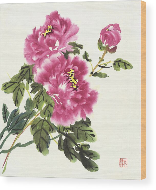 Flower Wood Print featuring the painting Pink Peonies by Yolanda Koh