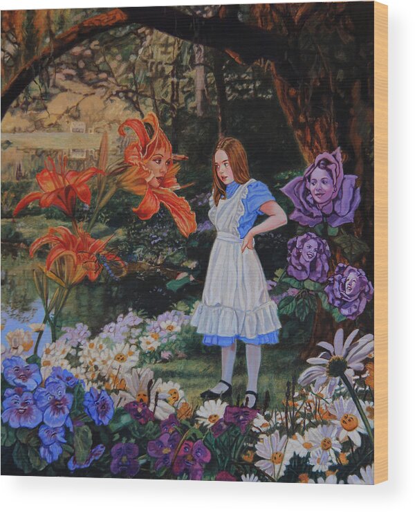 Alice Wood Print featuring the painting Through The Looking Glass by Patrick Whelan