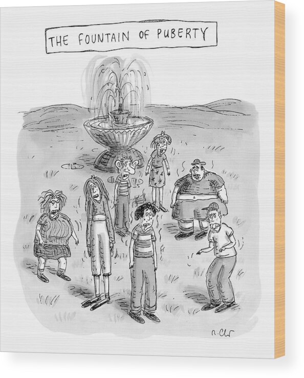 Title: Fountain Of Youth Wood Print featuring the drawing Title: The Fountain Of Puberty. A Bunch Of Really by Roz Chast