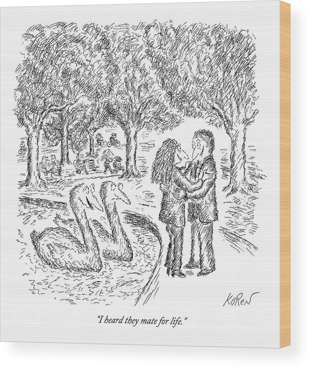 Marriage Wood Print featuring the drawing Two Ducks Observe A Man And Woman Embracing by Edward Koren