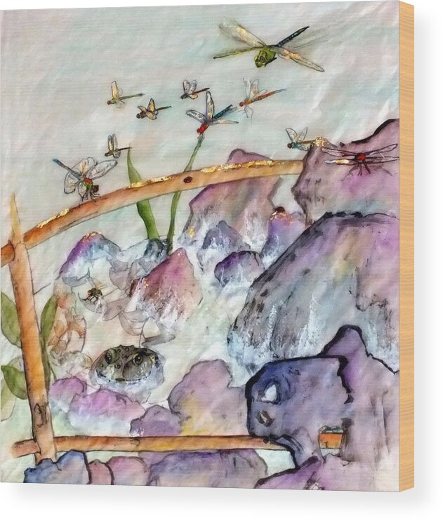 Dragonflys Wood Print featuring the painting Over And In The Pond by Debbi Saccomanno Chan