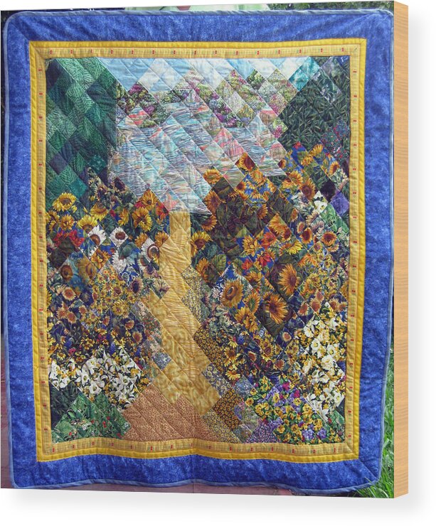 Quilt Wood Print featuring the tapestry - textile Sunflower path Quilt by Sarah Hornsby