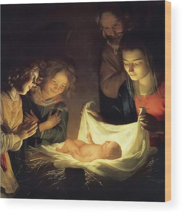 Nativity Wood Print featuring the painting Adoration of the Child #1 by Gerrit van Honthorst