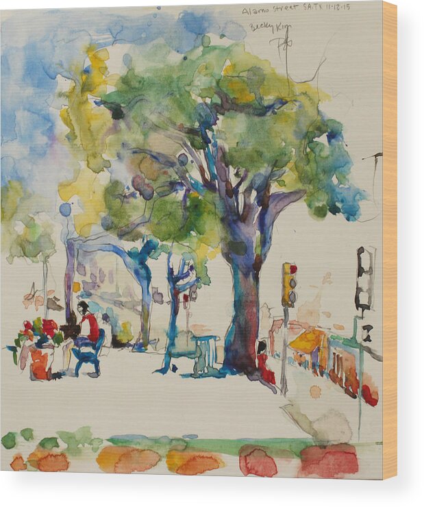 Watercolor Wood Print featuring the painting Alamo Plaza by Becky Kim