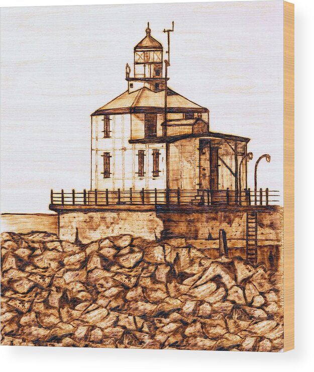 Lighthouse Wood Print featuring the pyrography Ashtabula Harbor by Danette Smith