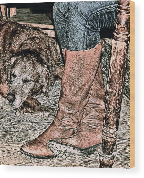 Dog Wood Print featuring the photograph Boots and Buddy Muted Tones by Judy Vincent