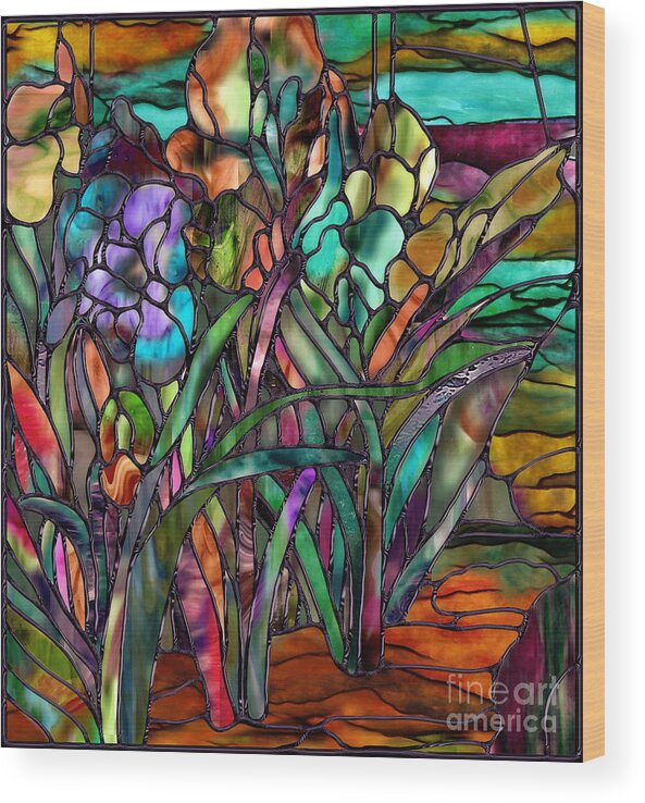Stained Glass Wood Print featuring the painting Candy Coated Irises by Mindy Sommers