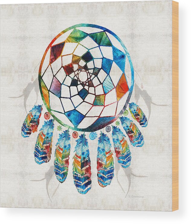 Dream Catcher Wood Print featuring the painting Colorful Dream Catcher by Sharon Cummings by Sharon Cummings