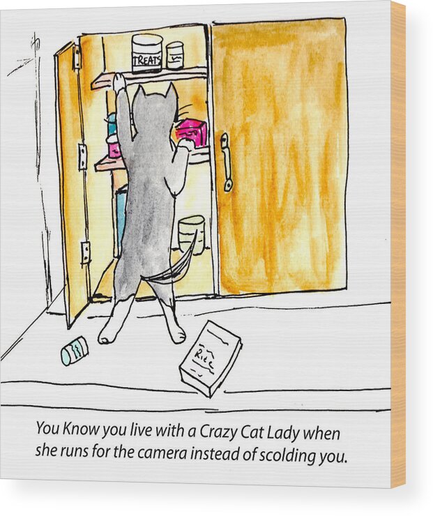 Cats Wood Print featuring the painting Crazy Cat Lady 001 by Lou Belcher