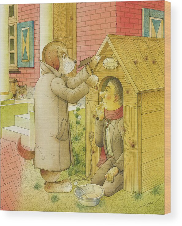 Dog Life Animals House Illustration Children Book Story Lifestyle Wood Print featuring the painting Dogs Life05 by Kestutis Kasparavicius